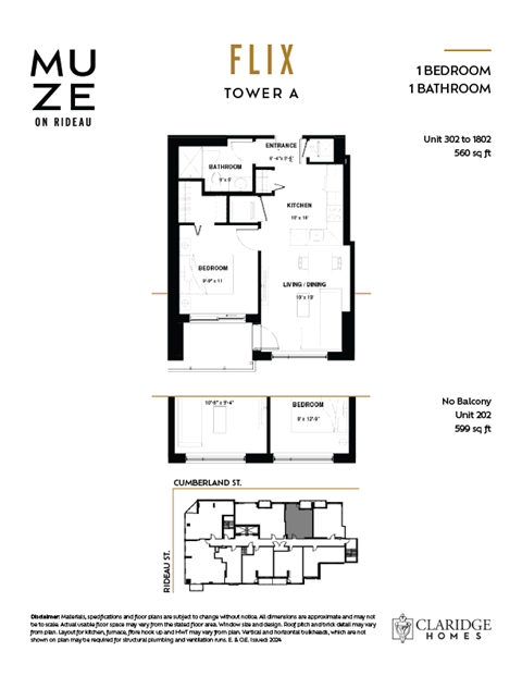 Floor plan for 1 bed, 1 bath, 560 sqft